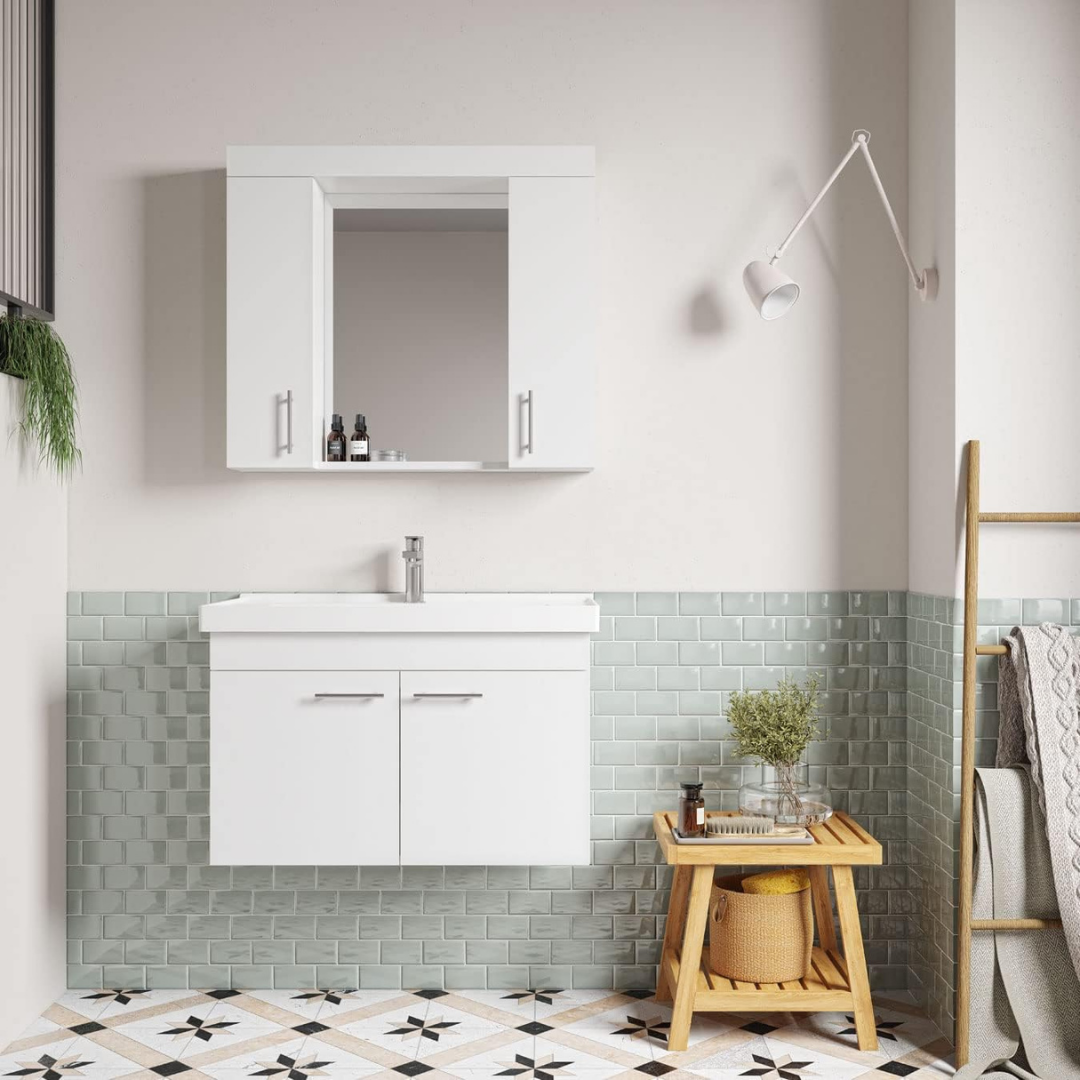 Furni24 Badezimmer Badmöbel Set 85 cm Weiß -Waschbecken 85cm Keramik- Unterschrank Hochschrank Waschtisch Möbel - einschließlich Waschtischmischer und Wasserhahn-Sets