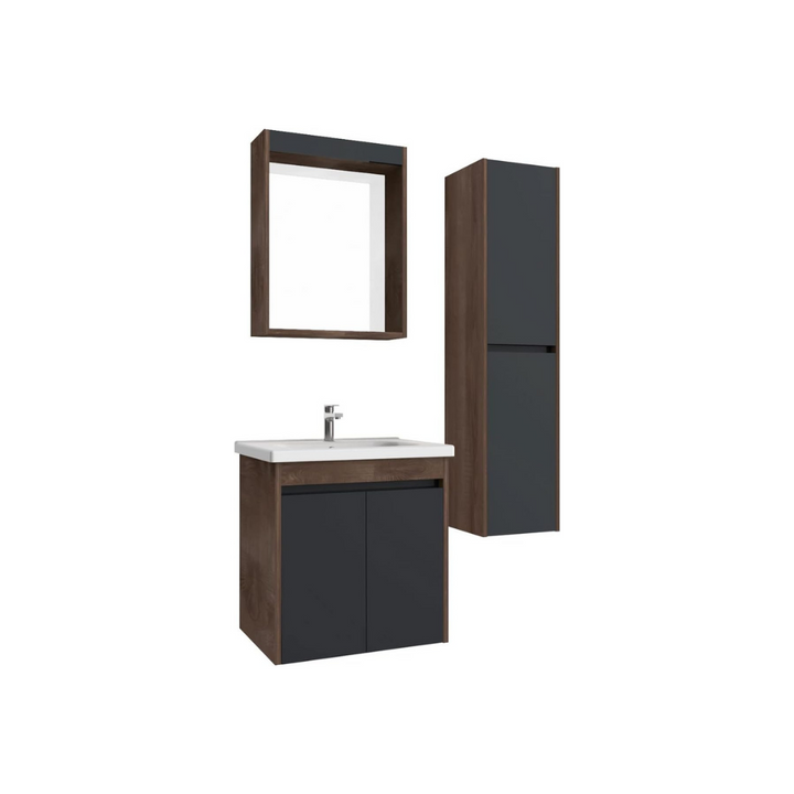 Furni24 Badezimmer Badmöbel Set 60 cm Anthrazit -Waschbecken 60cm Keramik- Unterschrank Hochschrank Waschtisch Möbel, LED-Hintergrundbeleuchtung, einschließlich Waschtischmischer und Wasserhahn-Sets