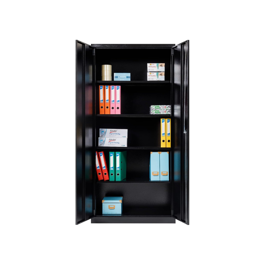 Furni24 Aktenschrank, fertig montiert, 195x92x42cm, Stahlflügeltürschrank Materialschrank, Abschließbarer Spind, Aktenschrank mit 5 Fächern, Werkzeugschrank, Mehrzweckschrank, Universalschrank,schwarz