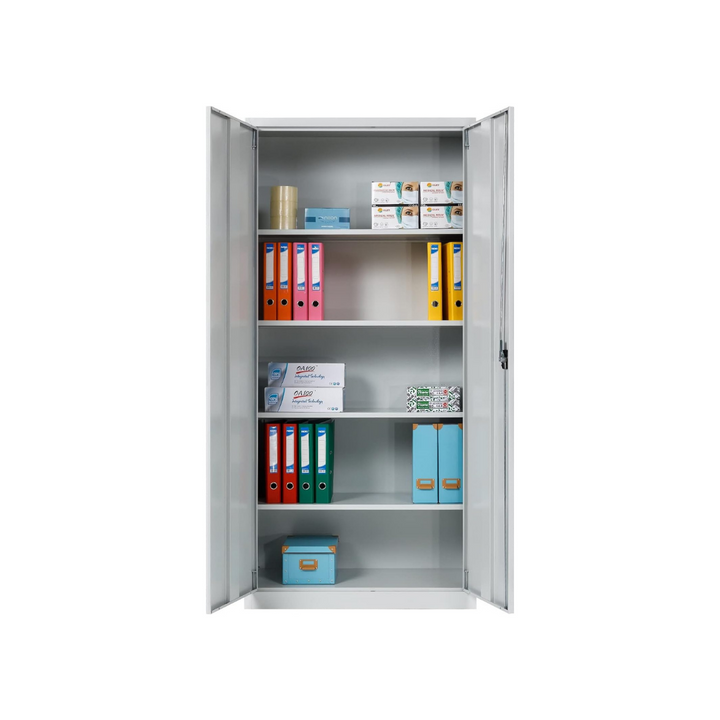 Furni24 Aktenschrank, fertig montiert, 195x120x42cm, Stahlflügeltürschrank Materialschrank, Abschließbarer Spind, Aktenschrank mit 5 Fächern, Werkzeugschrank, Mehrzweckschrank, Universalschrank, grau