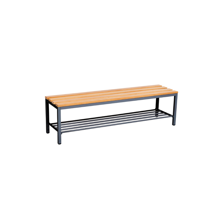 Furni24 Bank Umkleidebank, 150x42x40 cm, Sitzbank für Umkleideräume mit Schuhrost, Umkleidesitzbank, Umkleidebank, Garderobenbank, Sportbank, Bank mit Echtholz für Fitnessstudio