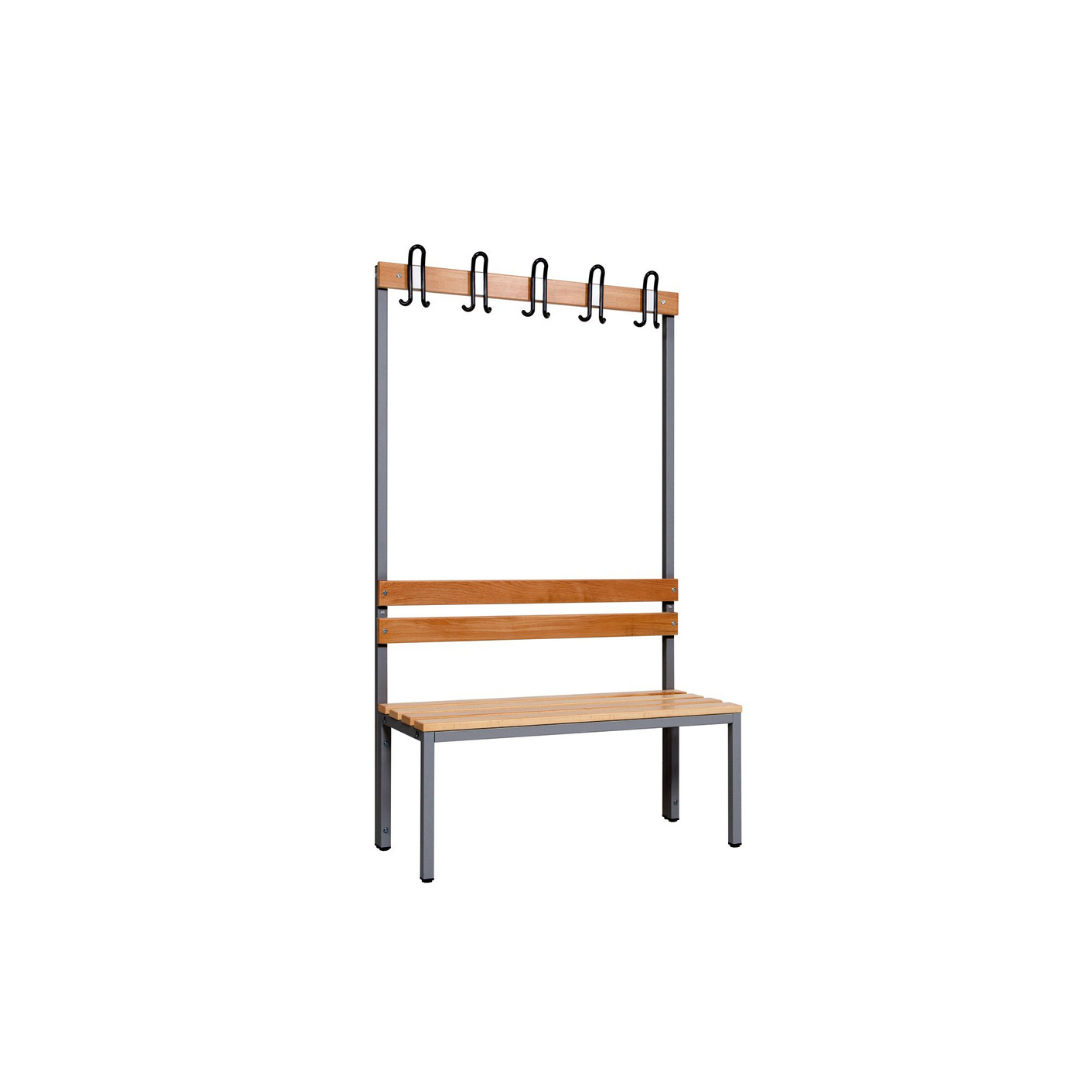 Furni24 Einseitige Umkleidesitzbank 100 x 43 x 170 cm mit 4 Füßen ohne Schuhrost, Garderobe mit lackierter Hartholz-Sitzbank und Stahlrahmen, Umkleidebank mit Hakenleiste, 5 Haken, TÜV/GS getestet