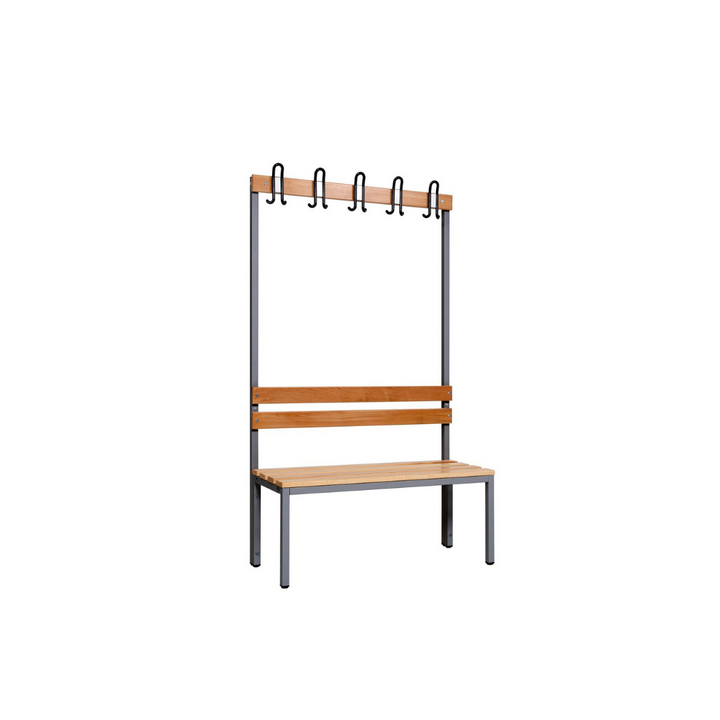 Furni24 Einseitige Umkleidesitzbank 100 x 43 x 170 cm mit 4 Füßen ohne Schuhrost, Garderobe mit lackierter Hartholz-Sitzbank und Stahlrahmen, Umkleidebank mit Hakenleiste, 5 Haken, TÜV/GS getestet
