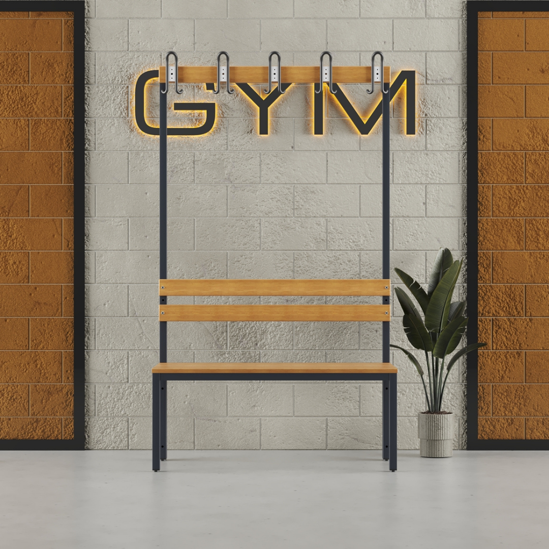 Furni24 Einseitige Umkleidesitzbank 100 x 43 x 170 cm mit 4 Füßen ohne Schuhrost, Garderobe mit lackierter Hartholz-Sitzbank und Stahlrahmen, Umkleidebank mit Hakenleiste, 5 Haken, TÜV/GS getestet