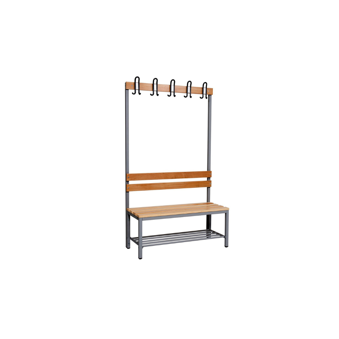 Furni24 Umkleidebank 100 cm x 170 cm x 43 cm Sitzbank Garderobensitzbank Sportraum Bank Buche Holz einseitig mit Garderobenhaken und Schuhrost/Schuhablage