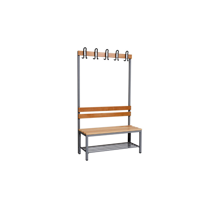 Furni24 Umkleidebank 100 cm x 170 cm x 43 cm Sitzbank Garderobensitzbank Sportraum Bank Buche Holz einseitig mit Garderobenhaken und Schuhrost/Schuhablage