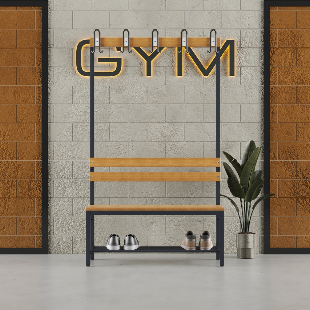 Furni24 Umkleidebank 100 cm x 170 cm x 43 cm Sitzbank Garderobensitzbank Sportraum Bank Buche Holz einseitig mit Garderobenhaken und Schuhrost/Schuhablage