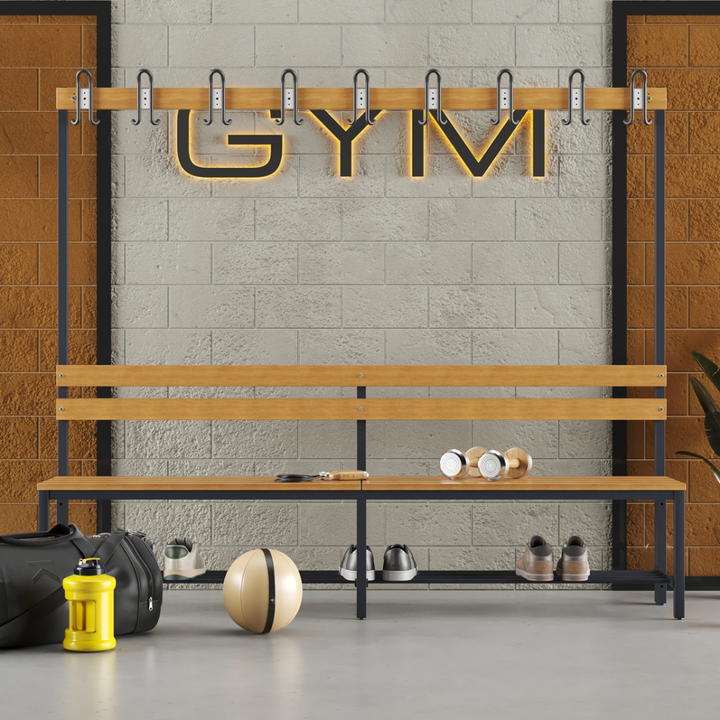 Furni24 Umkleidebank 200 cm x 170 cm x 43 cm Sitzbank Garderobenbank Sportbank einseitig mit Garderobenhaken und Schuhrost