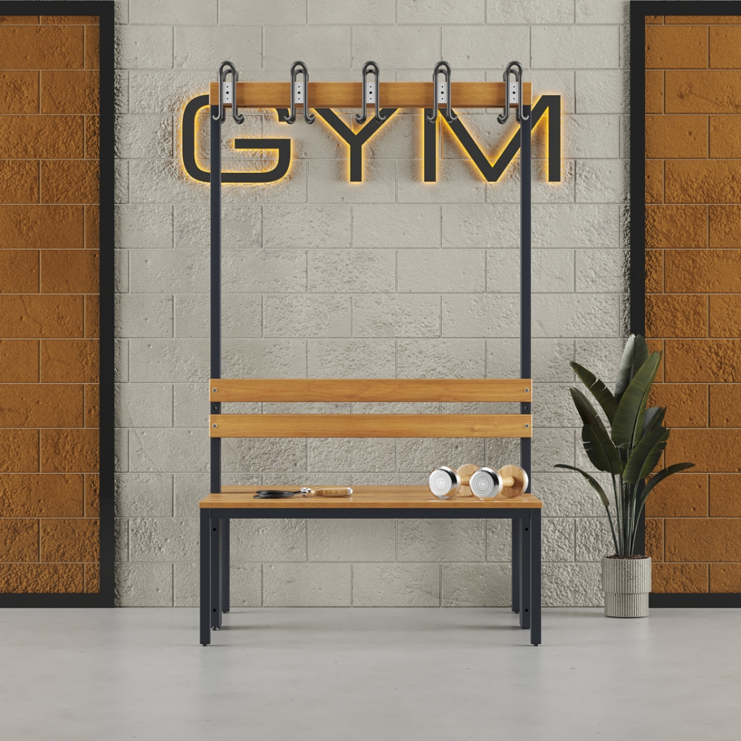 Furni24 Doppelseitige Umkleidesitzbank 100x43x170 cm mit 4 Füßen ohne Schuhrost, Garderobe mit lackierter Hartholz-Sitzbank und Stahlrahmen, Umkleidebank mit Hakenleiste, 10 Haken, TÜV/GS getestet