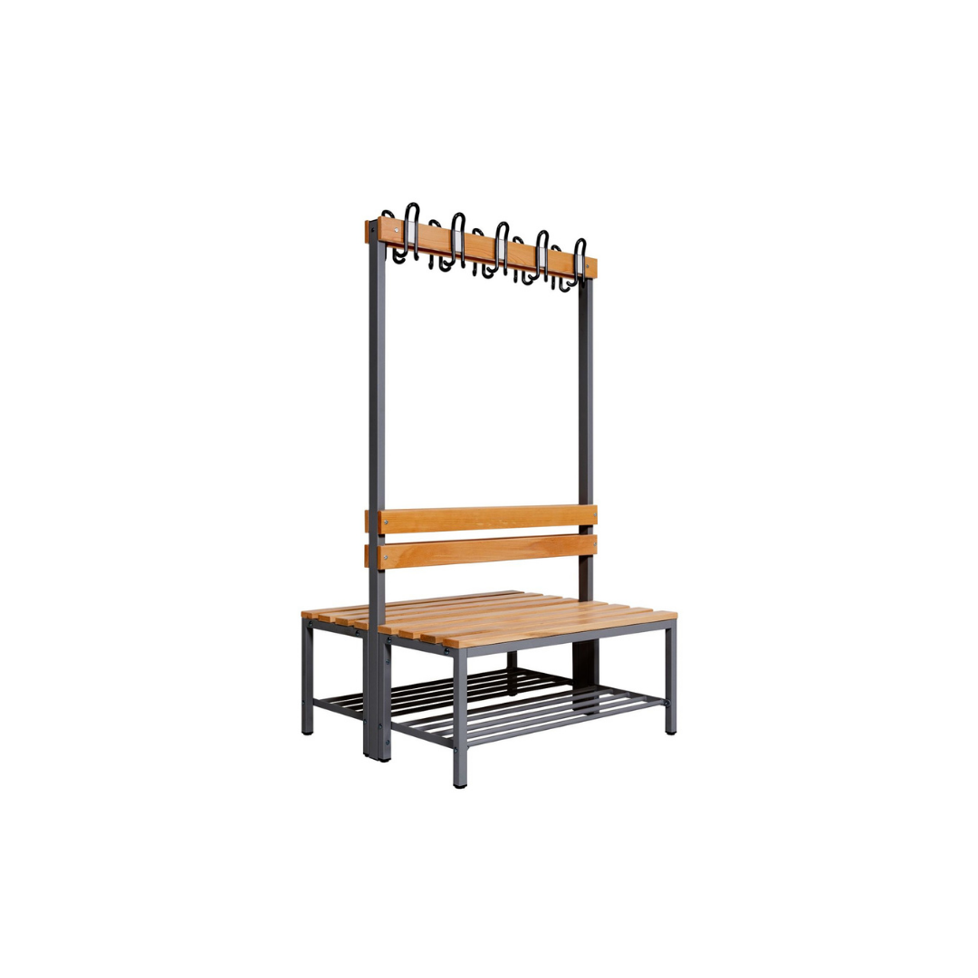 Furni24 Umkleidebank Sitzbank Garderobenbank Sportraum Bank Echtholz für Fitnessstudio (2-seitig) doppelseitig mit Garderobenhaken und Schuhrost 100 cm x 170 cm x 85 cm