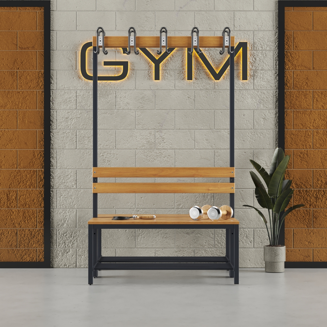 Furni24 Umkleidebank Sitzbank Garderobenbank Sportraum Bank Echtholz für Fitnessstudio (2-seitig) doppelseitig mit Garderobenhaken und Schuhrost 100 cm x 170 cm x 85 cm