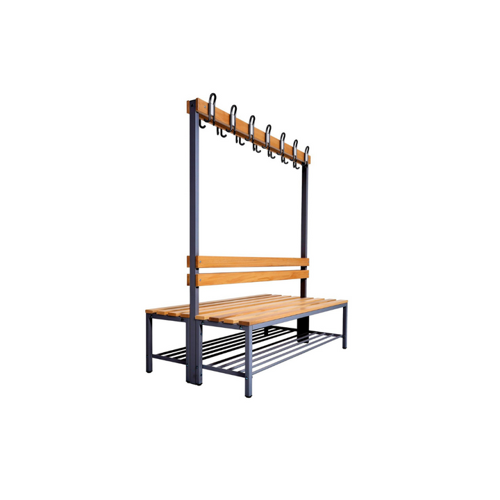Furni24 Umkleidebank Sitzbank Garderobenbank Sportraum Bank für Fitnessstudio Buche Echtholz (2-seitig) doppelseitig mit Garderobenhaken und Schuhrost/Schuhablage 150 cm x 170 cm x 85 cm