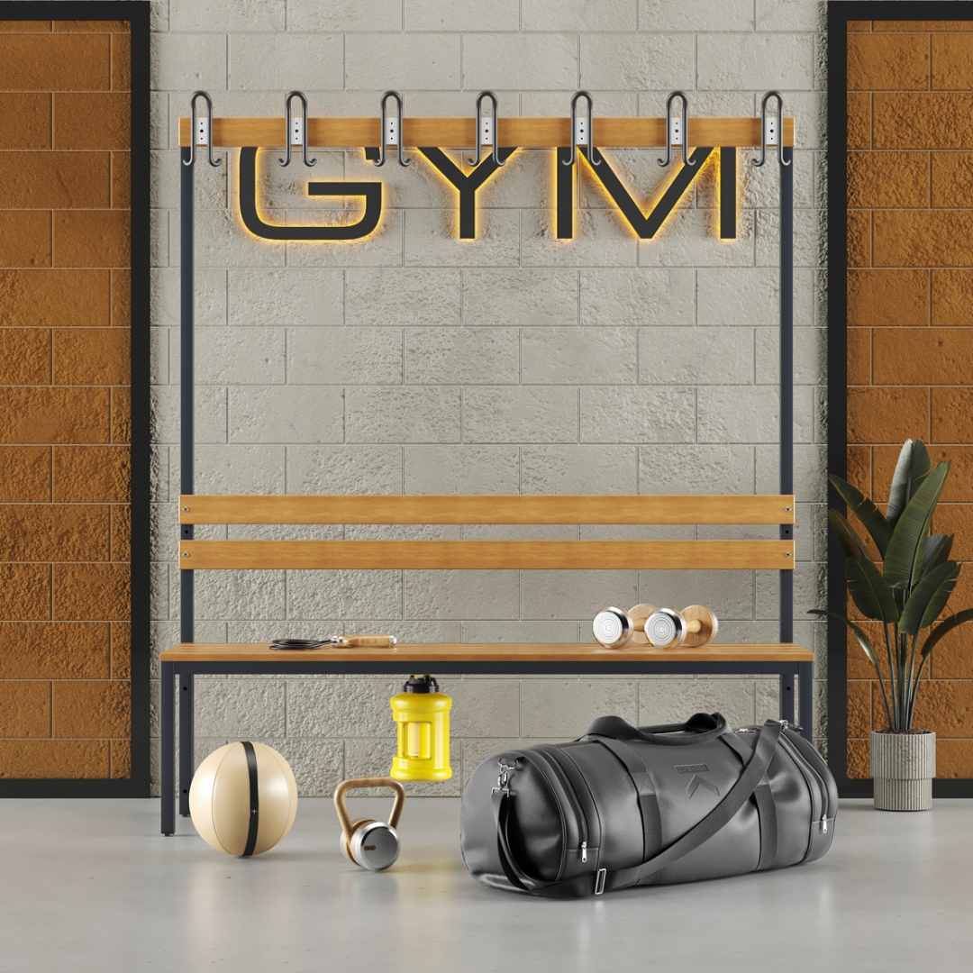 Furni24 Umkleidebank Sitzbank Garderobenbank Sportraum Bank für Fitnessstudio Buche Echtholz (2-seitig) doppelseitig mit Garderobenhaken und Schuhrost/Schuhablage 150 cm x 170 cm x 85 cm