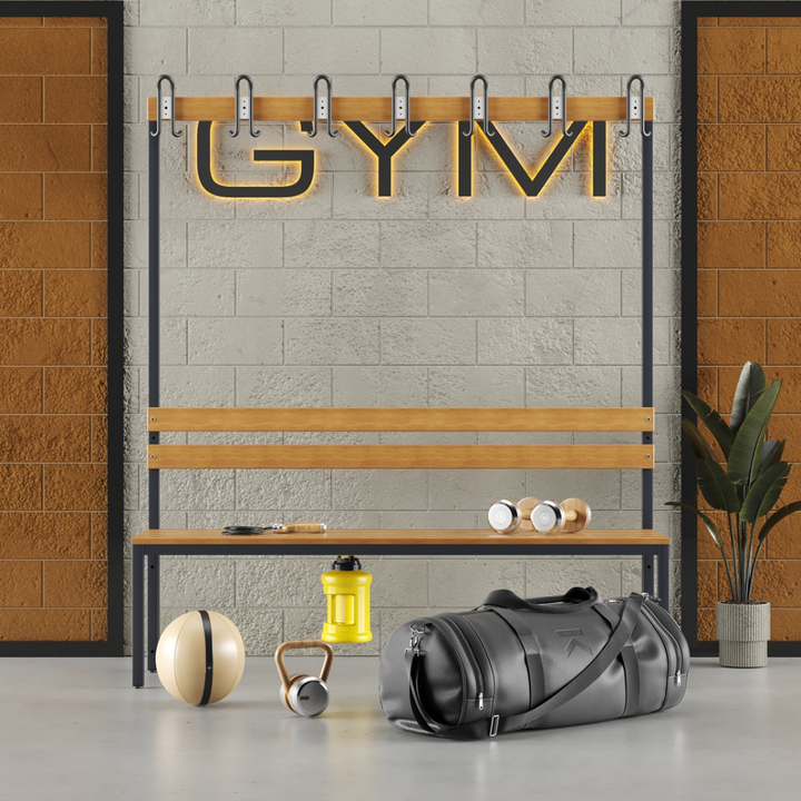 Furni24 Umkleidebank Sitzbank Garderobenbank Sportraum Bank für Fitnessstudio Buche Echtholz (2-seitig) doppelseitig mit Garderobenhaken und Schuhrost/Schuhablage 150 cm x 170 cm x 85 cm