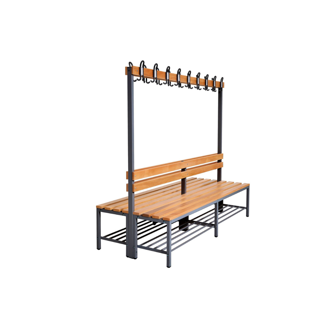 Furni24 Umkleidebank Sitzbank Garderobenbank Sportraum Bank mit Echtholz für Fitnessstudio (2-seitig) doppelseitig mit Garderobenhaken und Schuhrost 200 cm x 170 cm x 85 cm