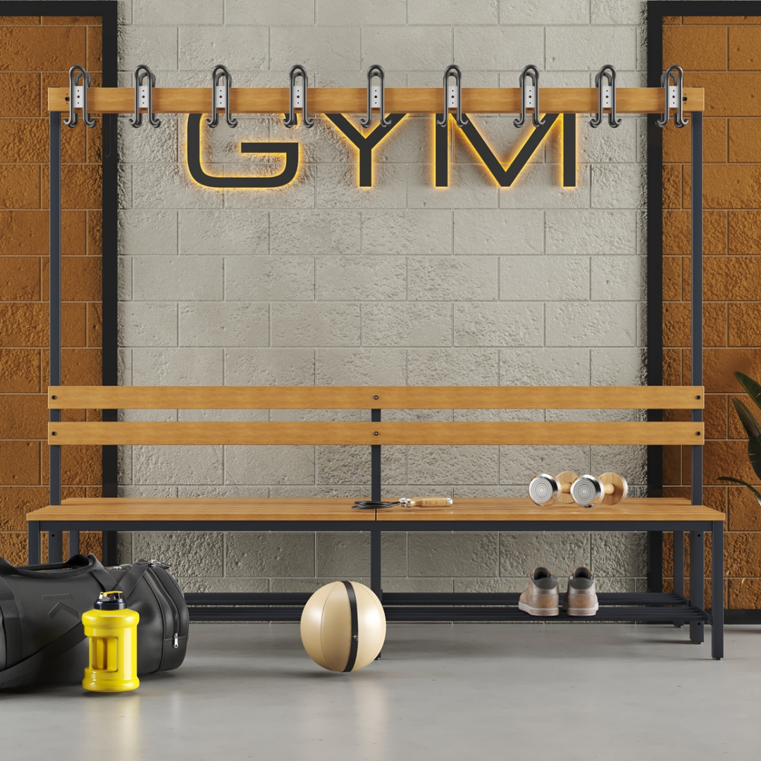 Furni24 Umkleidebank Sitzbank Garderobenbank Sportraum Bank mit Echtholz für Fitnessstudio (2-seitig) doppelseitig mit Garderobenhaken und Schuhrost 200 cm x 170 cm x 85 cm