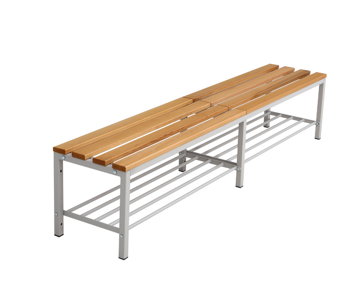 Furni24 Bank Umkleidebank, 200x42x40 cm, Sitzbank für Umkleideräume mit Schuhrost, Umkleidesitzbank, Umkleidebank, Garderobenbank, Sportbank, Bank mit Echtholz für Fitnessstudio