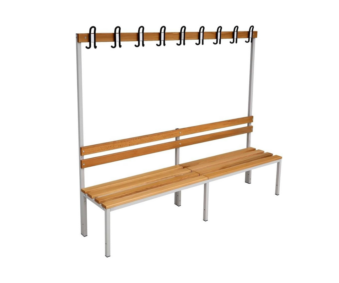 Furni24 Einseitige Umkleidesitzbank 200x43x170 cm mit 6 Füßen ohne Schuhrost, Garderobe mit lackierter Hartholz-Sitzbank und Stahlrahmen, Umkleidebank mit Hakenleiste, 9 Haken, TÜV/GS getestet