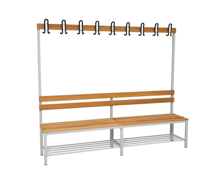 Furni24 Umkleidebank 200 cm x 170 cm x 43 cm Sitzbank Garderobenbank Sportbank einseitig mit Garderobenhaken und Schuhrost