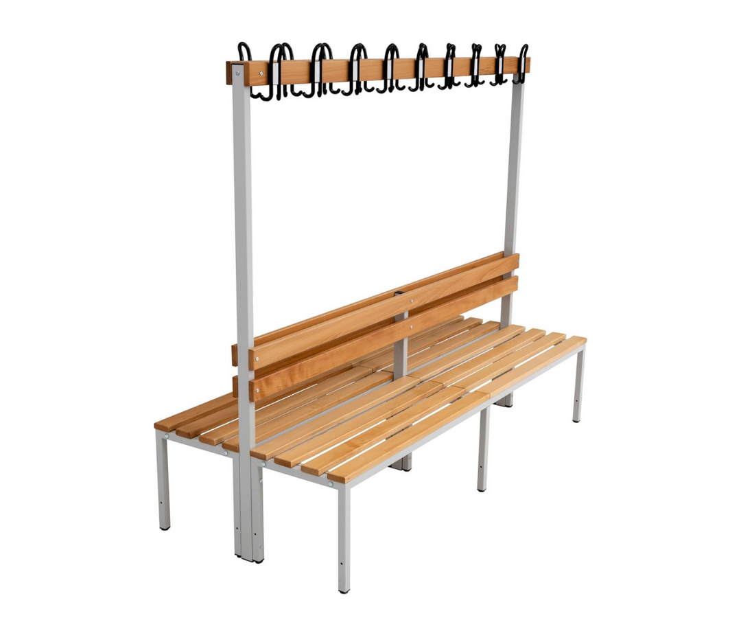 Furni24 Doppelseitige Umkleidesitzbank 200x43x170 cm mit 6 Füßen ohne Schuhrost, Garderobe mit lackierter Hartholz-Sitzbank und Stahlrahmen, Umkleidebank mit Hakenleiste, 18 Haken, TÜV/GS getestet