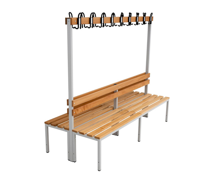 Furni24 Doppelseitige Umkleidesitzbank 200x43x170 cm mit 6 Füßen ohne Schuhrost, Garderobe mit lackierter Hartholz-Sitzbank und Stahlrahmen, Umkleidebank mit Hakenleiste, 18 Haken, TÜV/GS getestet