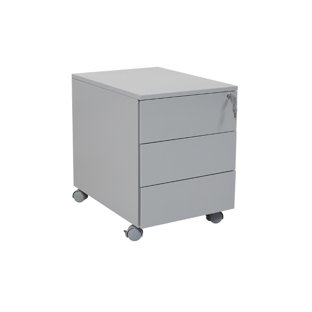 Furni24 Rollcontainer, Senkkasten aus Metall mit Holzplatte, Metallschrank, mobiler Aktenschrank, Druckertisch, abschließbar, 3 Schubladen, Unterschrank, vormontiert, Büro, Homeoffice, 43x59x57cm, silber