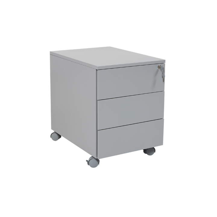 Furni24 Rollcontainer, Senkkasten aus Metall mit Holzplatte, Metallschrank, mobiler Aktenschrank, Druckertisch, abschließbar, 3 Schubladen, Unterschrank, vormontiert, Büro, Homeoffice, 43x59x57cm, silber