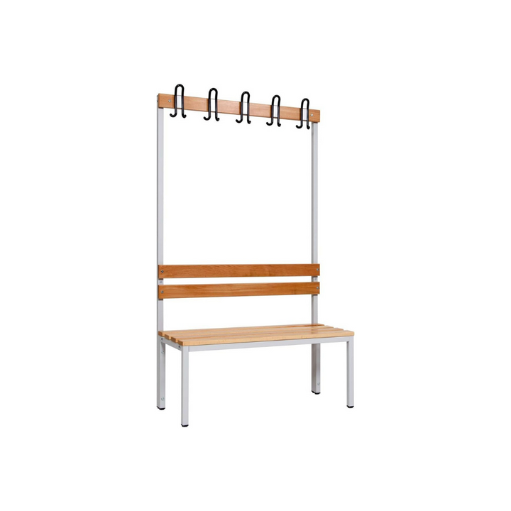 Furni24 Einseitige Umkleidesitzbank 100 x 43 x 170 cm mit 4 Füßen ohne Schuhrost, Garderobe mit lackierter Hartholz-Sitzbank und Stahlrahmen, Umkleidebank mit Hakenleiste, 5 Haken, TÜV/GS getestet