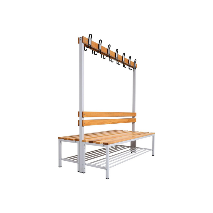 Furni24 Umkleidebank Sitzbank Garderobenbank Sportraum Bank für Fitnessstudio Buche Echtholz (2-seitig) doppelseitig mit Garderobenhaken und Schuhrost/Schuhablage 150 cm x 170 cm x 85 cm