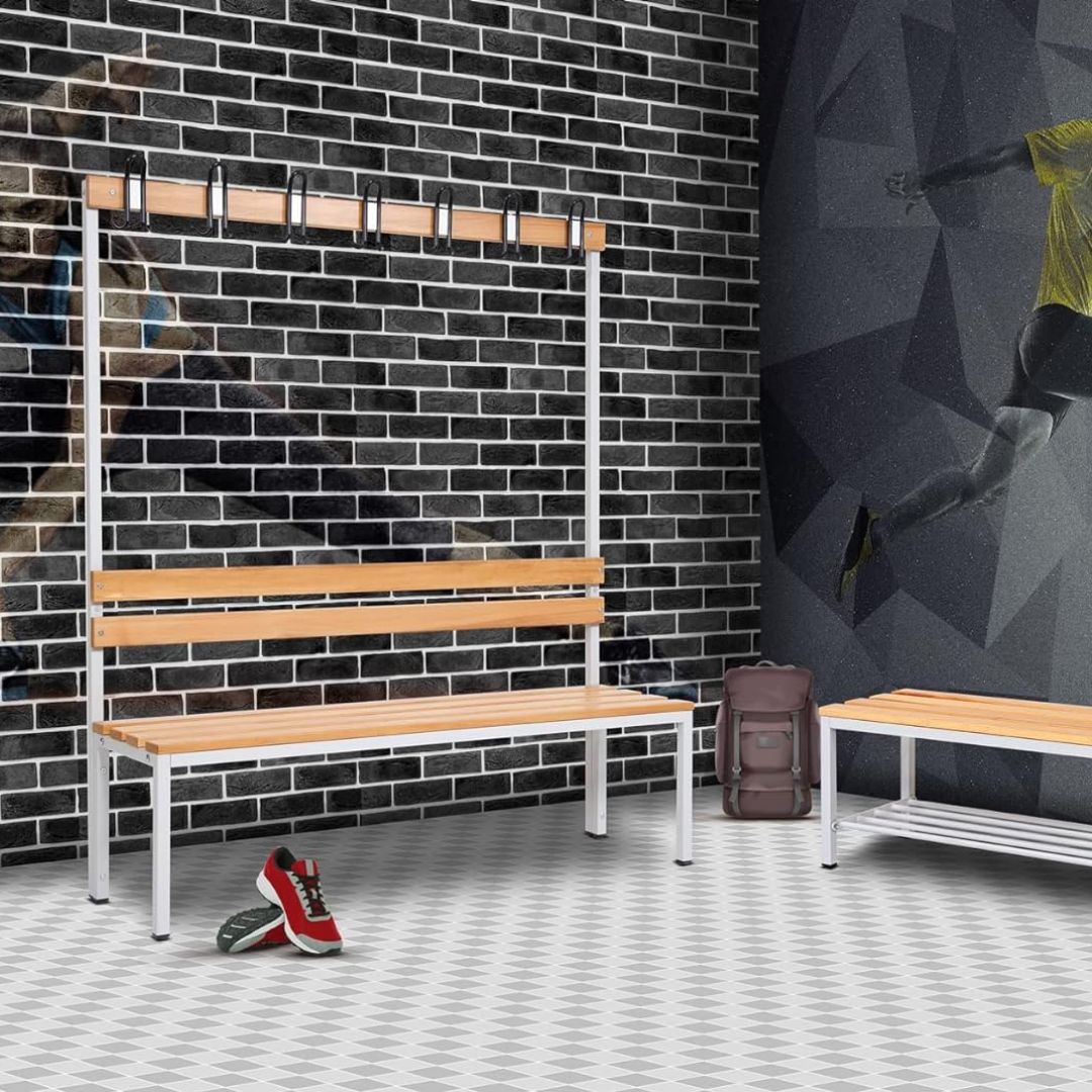Furni24 Doppelseitige Umkleidesitzbank 200x43x170 cm mit 6 Füßen ohne Schuhrost, Garderobe mit lackierter Hartholz-Sitzbank und Stahlrahmen, Umkleidebank mit Hakenleiste, 18 Haken, TÜV/GS getestet