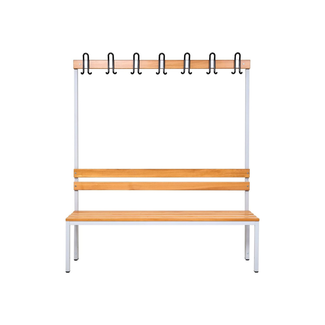 Furni24 Einseitige Umkleidesitzbank 150x43x170 cm mit 4 Füßen ohne Schuhrost, Garderobe mit lackierter Hartholz-Sitzbank und Stahlrahmen, Umkleidebank mit Hakenleiste, 7 Haken, TÜV/GS getestet