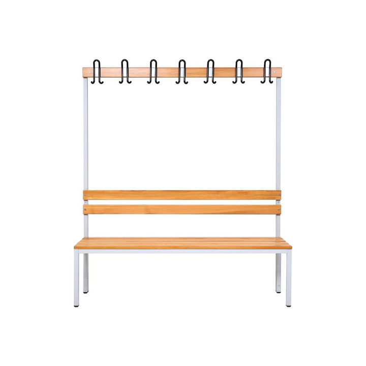 Furni24 Einseitige Umkleidesitzbank 150x43x170 cm mit 4 Füßen ohne Schuhrost, Garderobe mit lackierter Hartholz-Sitzbank und Stahlrahmen, Umkleidebank mit Hakenleiste, 7 Haken, TÜV/GS getestet