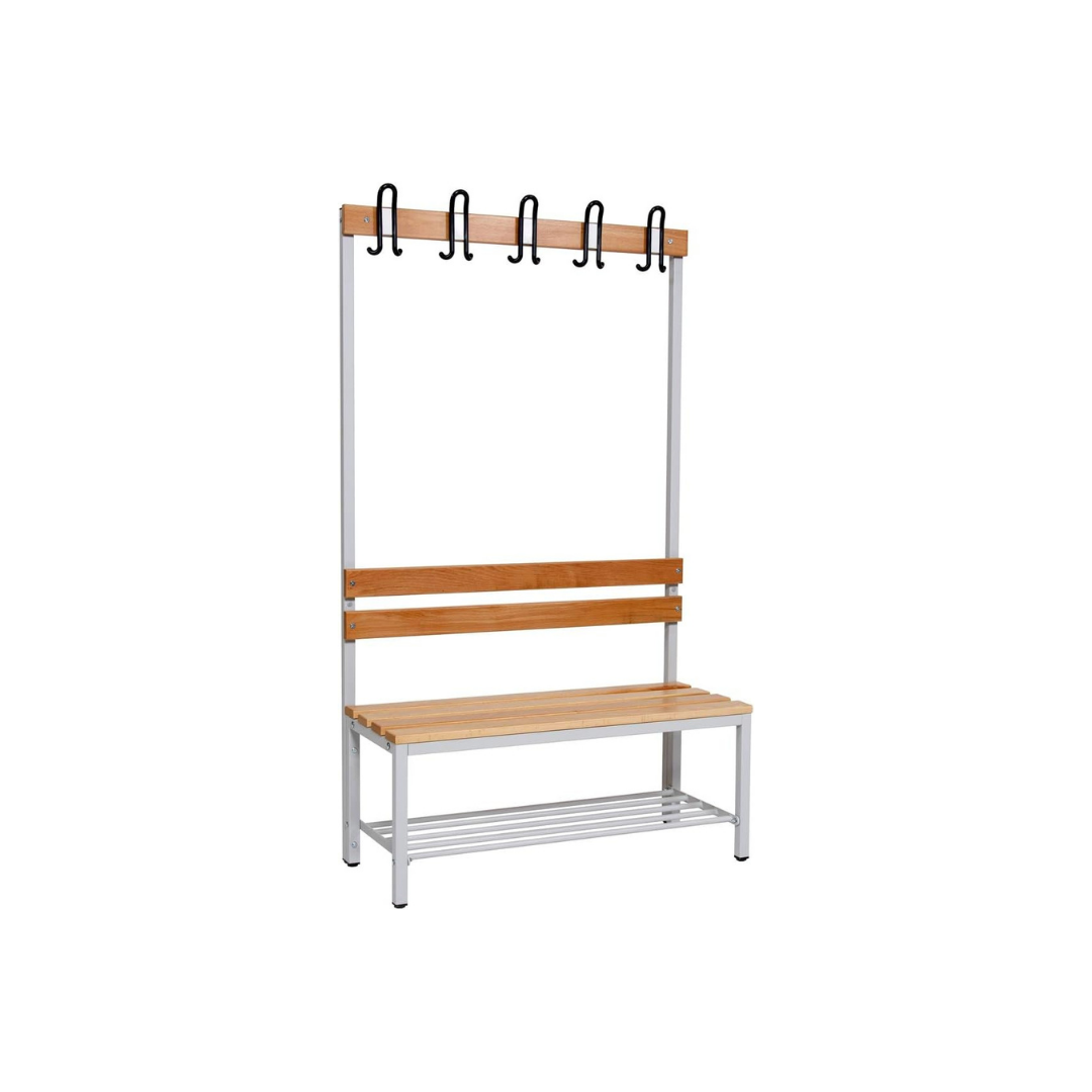 Furni24 Umkleidebank 100 cm x 170 cm x 43 cm Sitzbank Garderobensitzbank Sportraum Bank Buche Holz einseitig mit Garderobenhaken und Schuhrost/Schuhablage