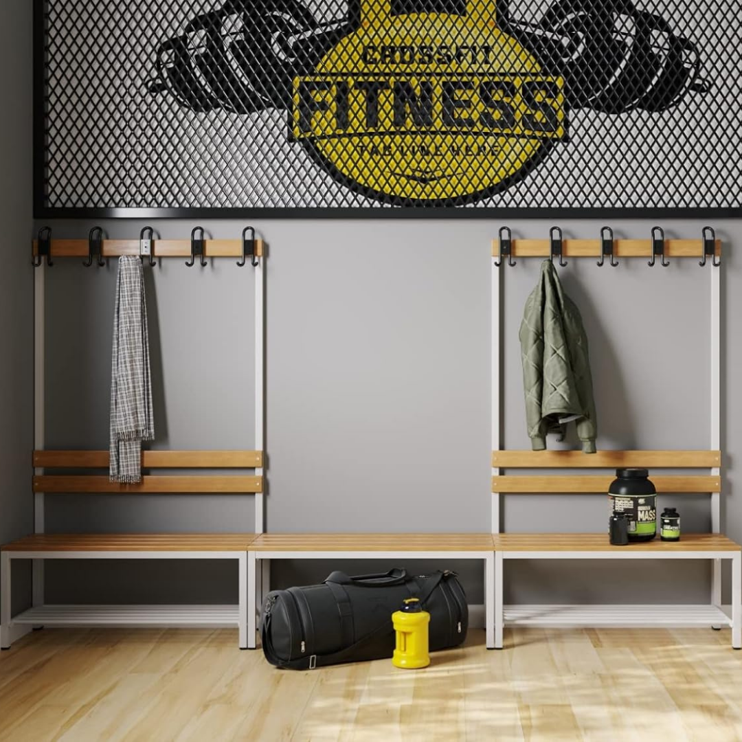 Furni24 Umkleidebank 100 cm x 170 cm x 43 cm Sitzbank Garderobensitzbank Sportraum Bank Buche Holz einseitig mit Garderobenhaken und Schuhrost/Schuhablage