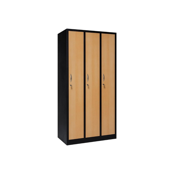 Furni24 Garderobenschrank 90 cm x 50 cm x 180 cm schwarz/buche 3-türig 30 cm Abteilbreite fertig montiert Verschiedene Ausführungen verfügbar