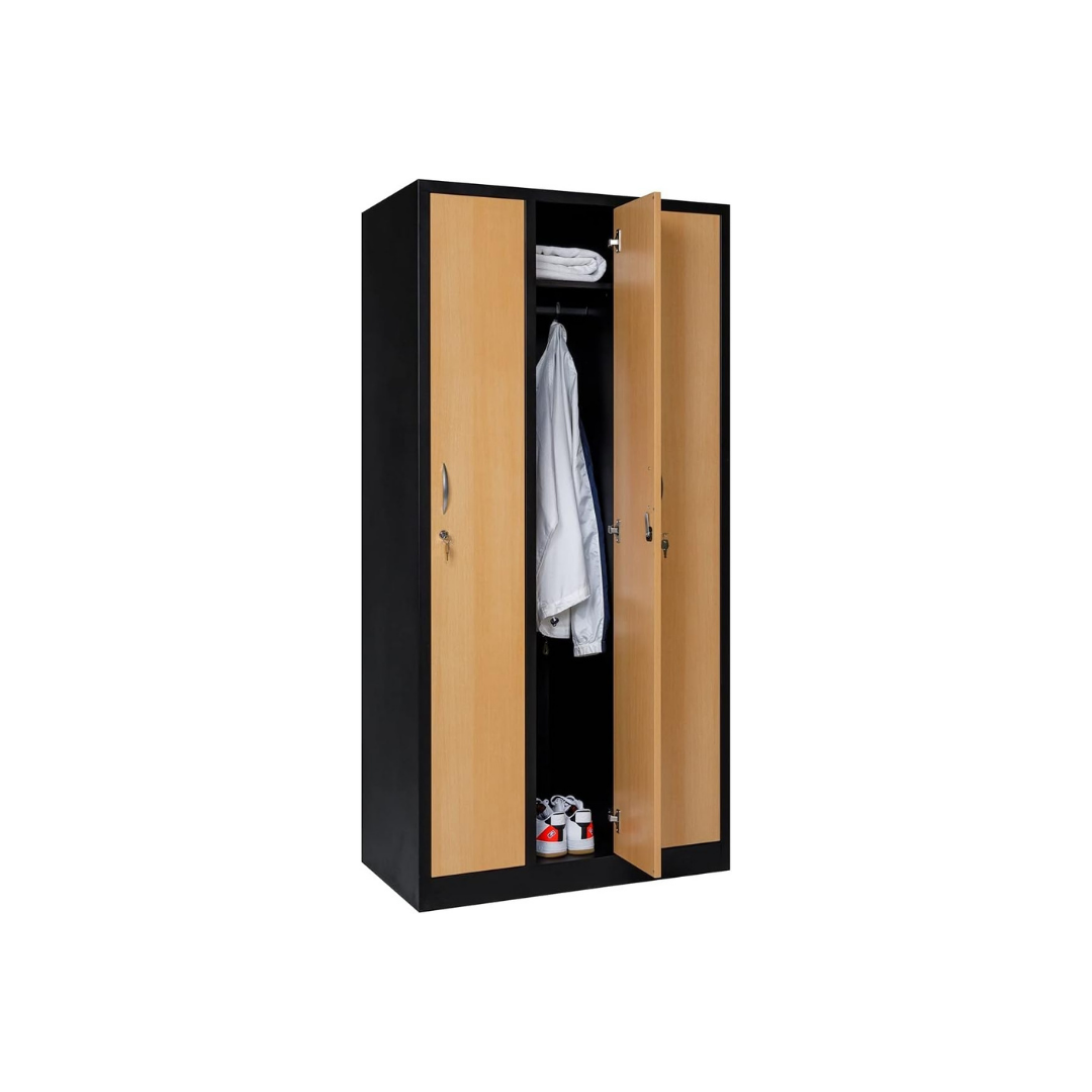 Furni24 Garderobenschrank 90 cm x 50 cm x 180 cm schwarz/buche 3-türig 30 cm Abteilbreite fertig montiert Verschiedene Ausführungen verfügbar