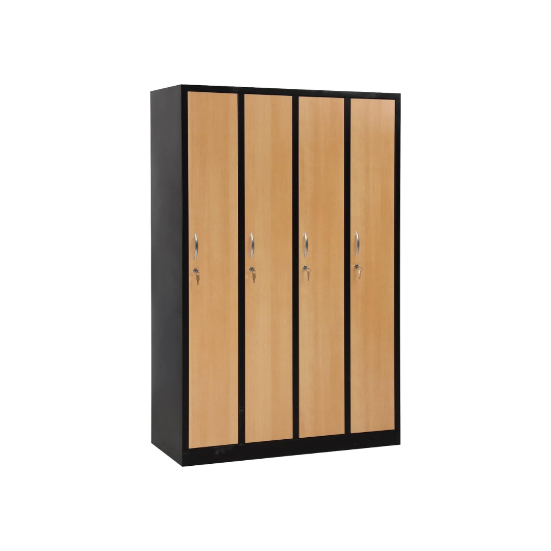 Furni24 Garderobenschrank 120x50x180 Garderobenspind Umkleidespind Spind Schrank Kleiderschrank Abschließbar schwarz/buche 4 türig 30cm Abteilbreite fertig montiert Verschiedene Ausführungen verfügbar