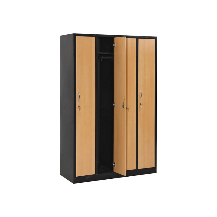 Furni24 Garderobenschrank 120x50x180 Garderobenspind Umkleidespind Spind Schrank Kleiderschrank Abschließbar schwarz/buche 4 türig 30cm Abteilbreite fertig montiert Verschiedene Ausführungen verfügbar