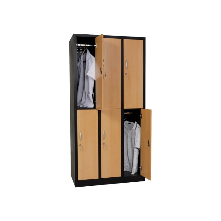 Furni24 Garderobenschrank Schließfach Spind Umkleideschrank Kleiderschrank Abteilbreite 30 cm 6-türig fertig montiert Verschiedene Ausführungen verfügbar, 180 cm x 90 cm x 50 cm / schwarz / Buche RAL 9005