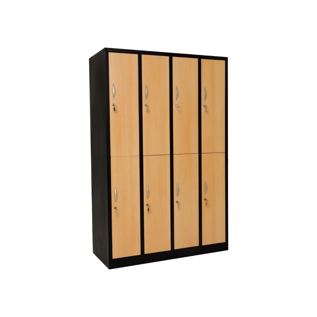 Furni24 Garderobenschrank Schließfach Spind Umkleideschrank Kleiderschrank Abteilbreite 30 cm 8-türig fertig montiert Verschiedene Ausführungen verfügbar, Schwarz / Buche Ral 9005