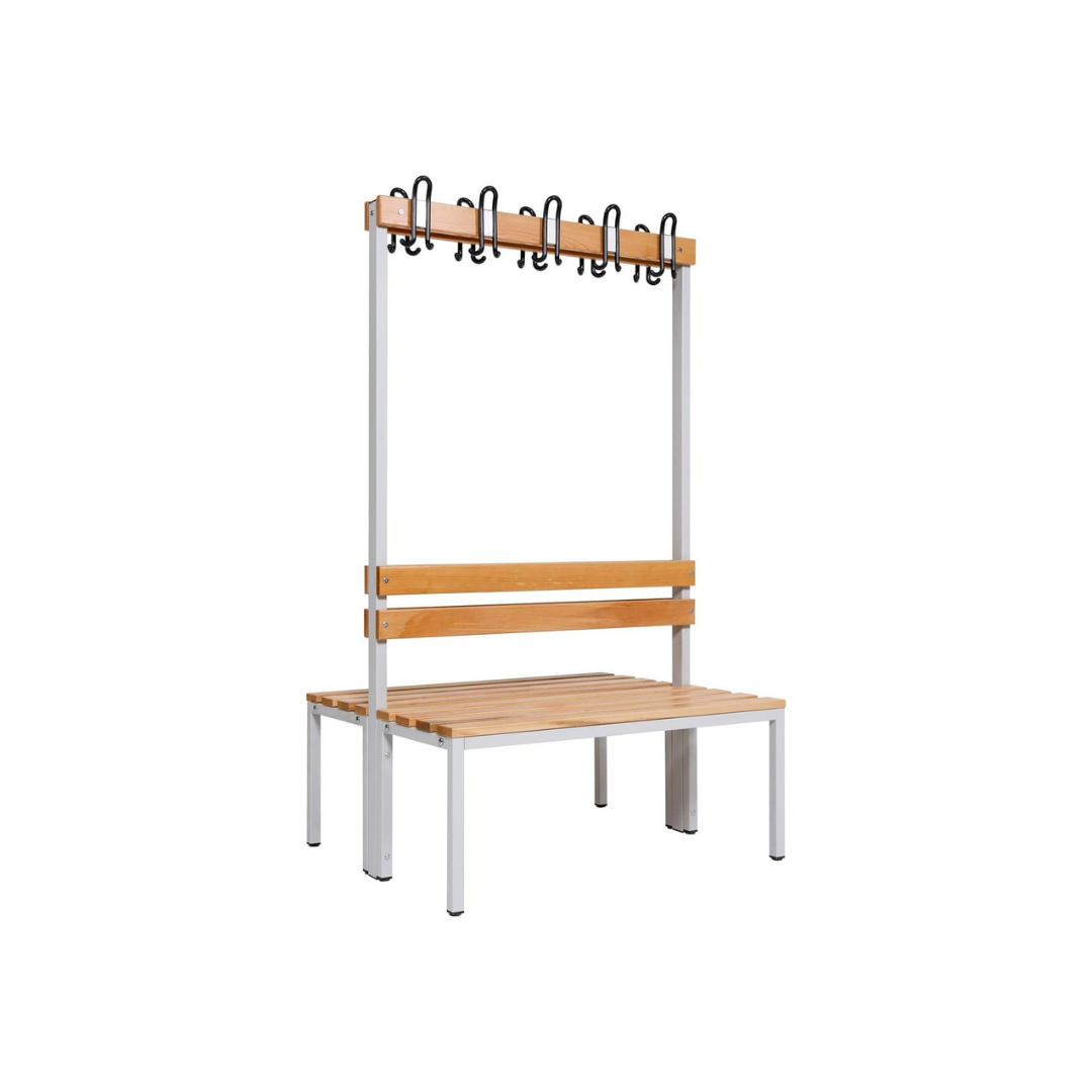 Furni24 Doppelseitige Umkleidesitzbank 150x43x170 cm mit 4 Füßen ohne Schuhrost, Garderobe mit lackierter Hartholz-Sitzbank und Stahlrahmen, Umkleidebank mit Hakenleiste, 14 Haken, TÜV/GS getestet