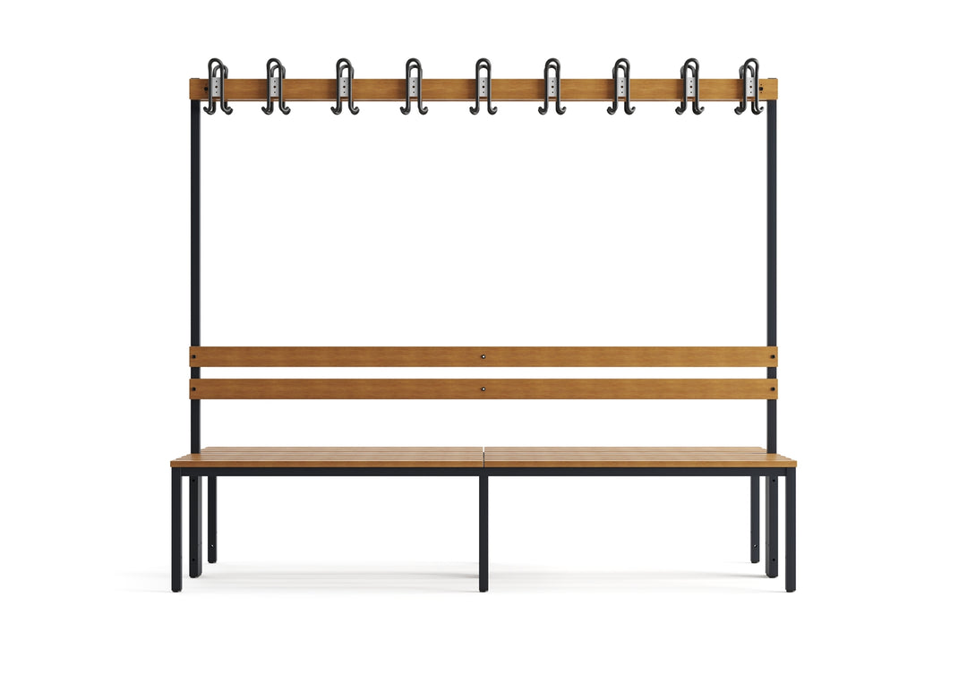 Furni24 Doppelseitige Umkleidesitzbank 200x43x170 cm mit 6 Füßen ohne Schuhrost, Garderobe mit lackierter Hartholz-Sitzbank und Stahlrahmen, Umkleidebank mit Hakenleiste, 18 Haken, TÜV/GS getestet