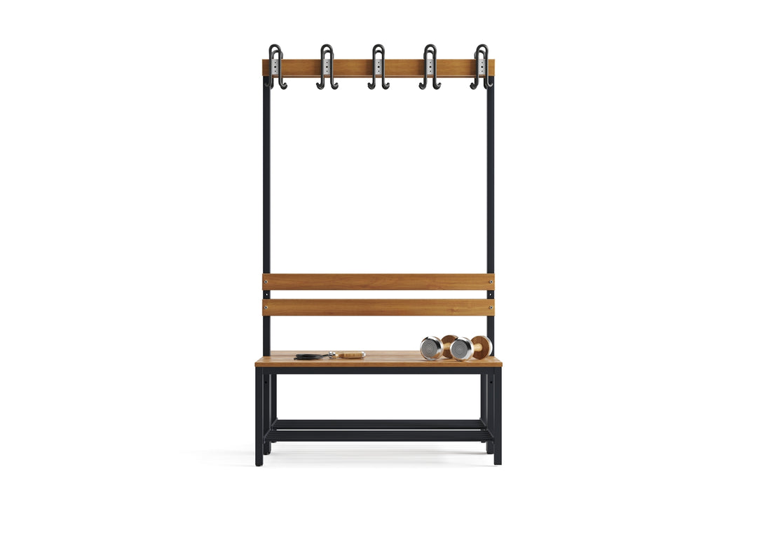 Furni24 Umkleidebank Sitzbank Garderobenbank Sportraum Bank Echtholz für Fitnessstudio (2-seitig) doppelseitig mit Garderobenhaken und Schuhrost 100 cm x 170 cm x 85 cm