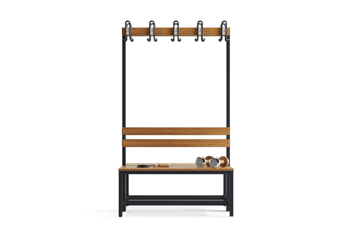 Furni24 Umkleidebank Sitzbank Garderobenbank Sportraum Bank Echtholz für Fitnessstudio (2-seitig) doppelseitig mit Garderobenhaken und Schuhrost 100 cm x 170 cm x 85 cm