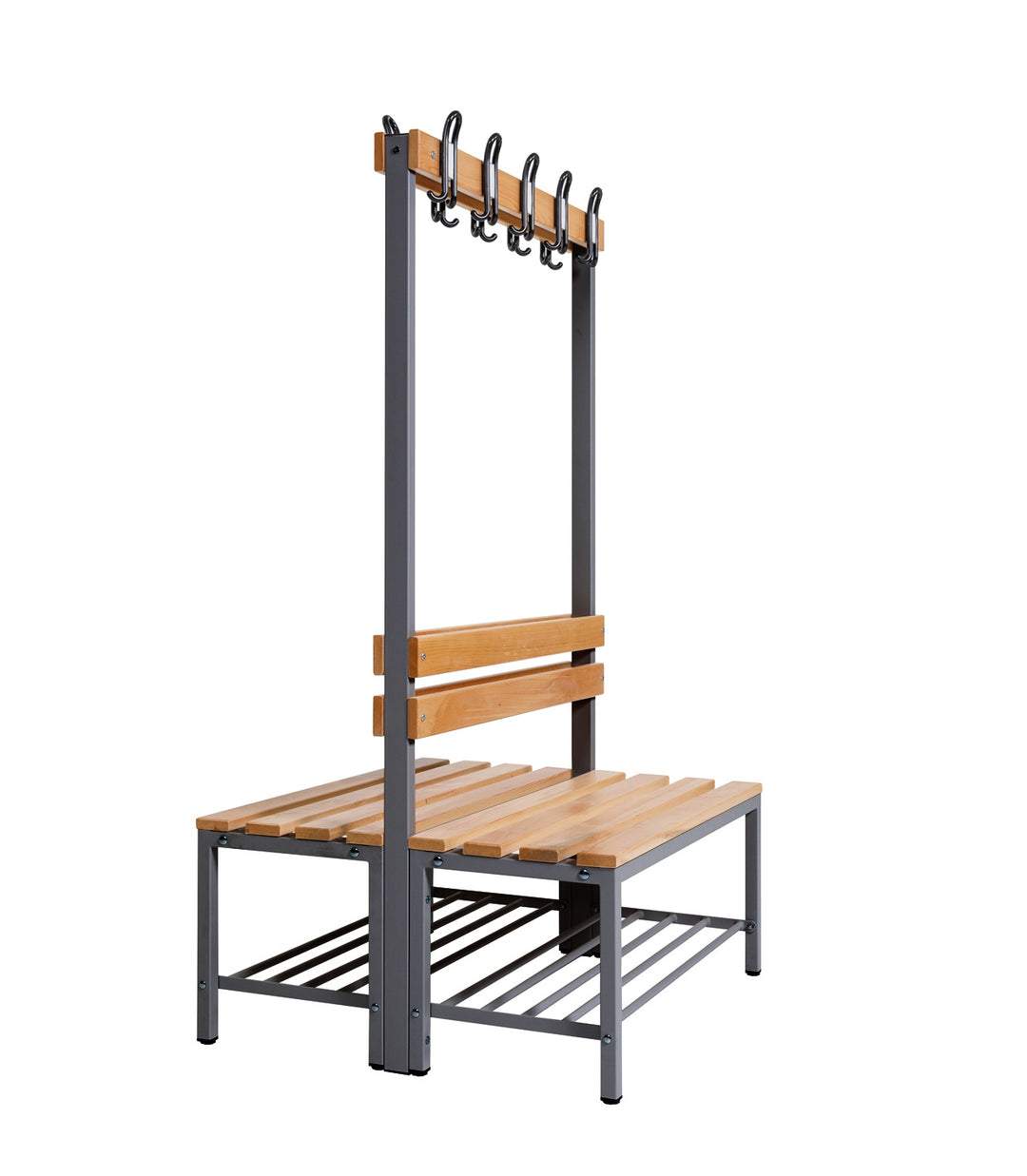 Furni24 Umkleidebank Sitzbank Garderobenbank Sportraum Bank Echtholz für Fitnessstudio (2-seitig) doppelseitig mit Garderobenhaken und Schuhrost 100 cm x 170 cm x 85 cm