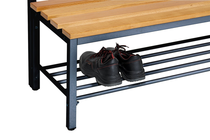 Furni24 Umkleidebank Sitzbank Garderobenbank Sportraum Bank Echtholz für Fitnessstudio (2-seitig) doppelseitig mit Garderobenhaken und Schuhrost 100 cm x 170 cm x 85 cm