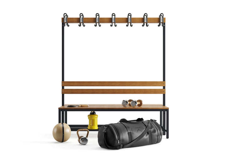 Furni24 Umkleidebank Sitzbank Garderobenbank Sportraum Bank für Fitnessstudio Buche Echtholz (2-seitig) doppelseitig mit Garderobenhaken und Schuhrost/Schuhablage 150 cm x 170 cm x 85 cm