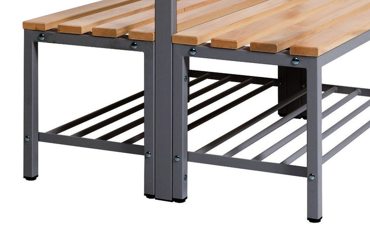 Furni24 Umkleidebank Sitzbank Garderobenbank Sportraum Bank für Fitnessstudio Buche Echtholz (2-seitig) doppelseitig mit Garderobenhaken und Schuhrost/Schuhablage 150 cm x 170 cm x 85 cm