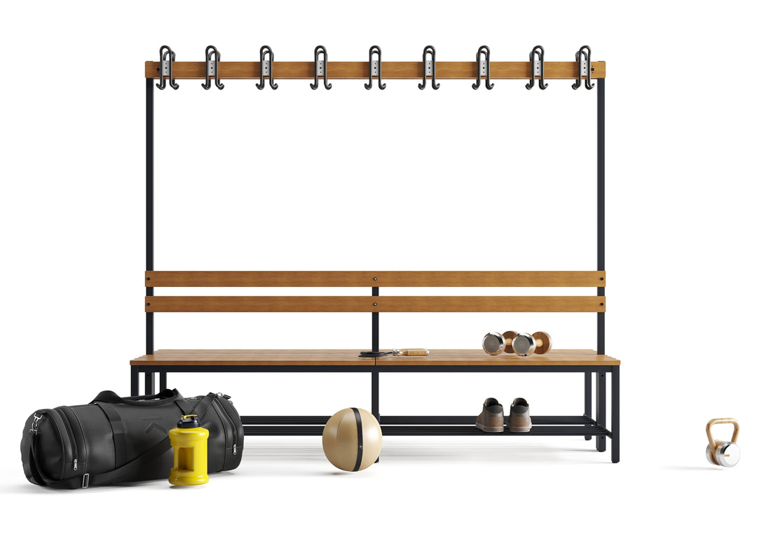 Furni24 Umkleidebank Sitzbank Garderobenbank Sportraum Bank mit Echtholz für Fitnessstudio (2-seitig) doppelseitig mit Garderobenhaken und Schuhrost 200 cm x 170 cm x 85 cm