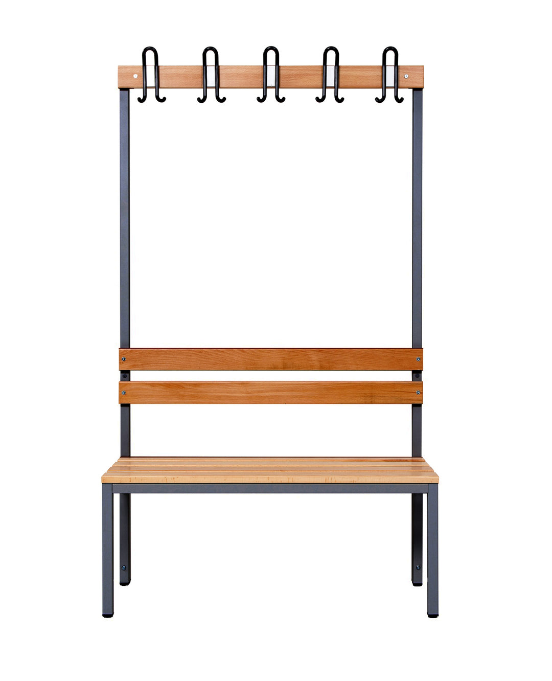 Furni24 Einseitige Umkleidesitzbank 100 x 43 x 170 cm mit 4 Füßen ohne Schuhrost, Garderobe mit lackierter Hartholz-Sitzbank und Stahlrahmen, Umkleidebank mit Hakenleiste, 5 Haken, TÜV/GS getestet